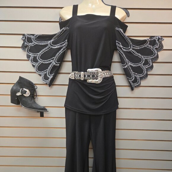 Designer Joseph Ribkoff Black bling cold shoulder pant top suit size 6 - Picture 2 of 3